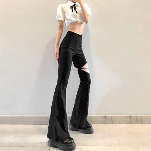 Elegant Women Pant High Waist Black Hollow Slim Summer Office Lady Casual Trouser 2021 Fashion Flare Slit Pant Black