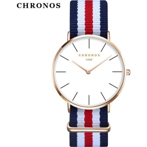CHRONOS Couple Watch Simple Nylon Buckle Belt Unisex Quartz Men Women Ultra-Thin Round Shape Large Alloy Dial Wristwatch CH02