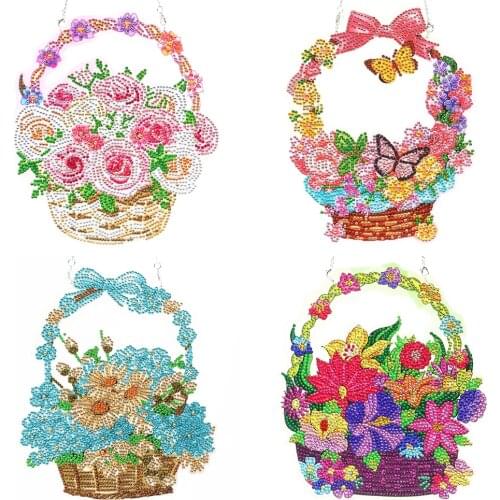 5D DIY Diamond Painting Flower Basket Hanging Ornaments Kits Mosaic Art Crafts Rhinestone Drawing Door Home Window Pendant Decor