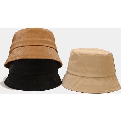 Fashion Crease PU Bucket Hat Leather Fishing Cap Soild Foldable Hiking Hat Hip-Hop Street Waterproof Panama for Women and Men