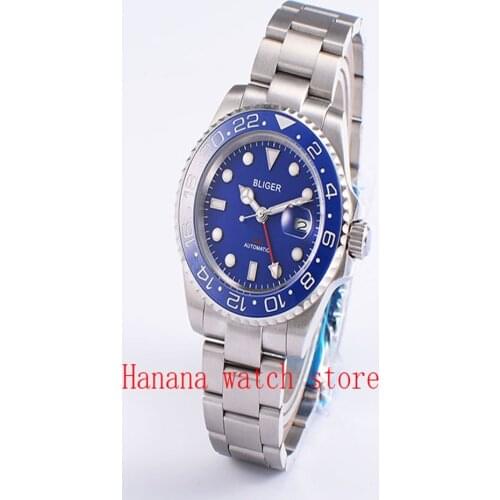 Sapphire Crystal BLIGER 40mm Blue Dial Ceramic Rotating Bezel Luminous Marks Blue GMT Pointer Automatic Movement Mens Watch