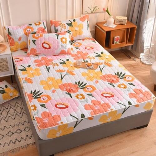 Soft Cotton Floral Fitted Sheet With Elastic Band Thicken Printing Bedspread Quilted Mattress Slipcover Anti-Bacteria Bed Linens