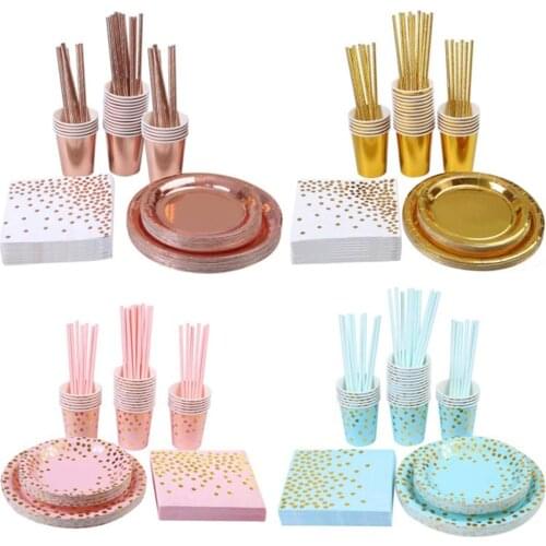 High quality disposable tableware set bronzing plate napkin adult happy birthday party decoration wedding baby shower
