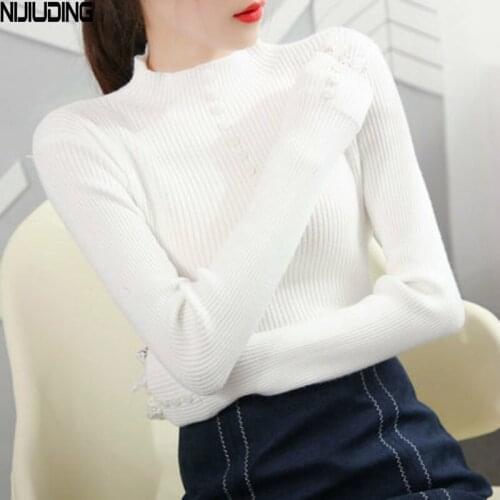 NIJIUDING Casual Button Sweater Women Half Turtleneck Solid Autumn Female Knit Sweater Pullovers Long Sleeve Lace Sleeves Tops