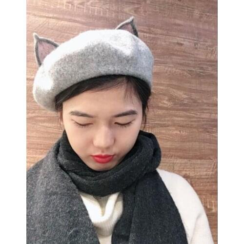 2021 New Women Warm Winter Wool Cat Ear Beret Hat Princess Sweet Lolita Handmade Grey Novelty Rabbit Girl Animal Cap Hat