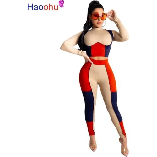 HAOOHU Patchwork Bodycon Tracksuit 2pcs Women Set Crop Top Sweatshirt+Jogger Pants Two Pieces Sets Women Clothing Suits Female