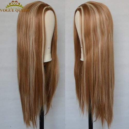 Vogue Queen Brown Highlight Blonde Synthetic Wig Long Straight High Temperature Fiber Full Machine Made Wig Cosplay For Women