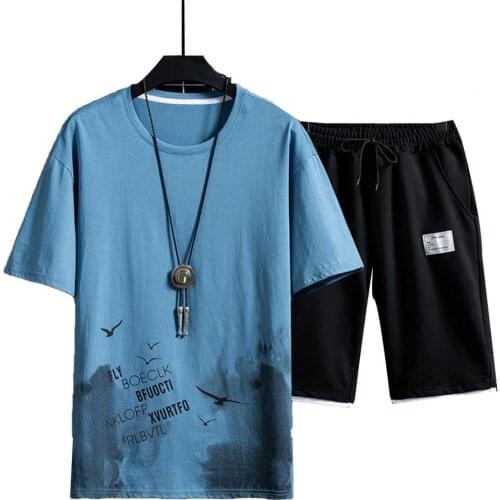 Plus Size Men Set Birds Printed Short Sleeve O-Neck T-shirt Drawstring Shorts Sports Suit Sportswear Fitness Set Homewear Suit