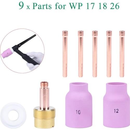 9Pcs TIG Welding Torch Large Long Gas Lens & Alumina Cup For WP17 WP18 WP26 TIG Collet Bodies Spares Kit Practical Accessories