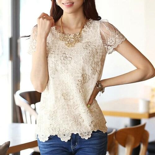 Round Neck blusas Mujer Summer New 2020 Womens Tops Shirt Slim Short-Sleeved Lace Beaded Embroidery Flowers Chiffon Shirt 511H