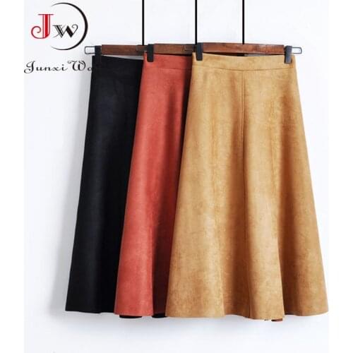 Women High Waist Vintage Midi Skirt Elegant A-Line Suede 2021 Spring Autumn Solid Casual Knee Length Office Skirts Saias