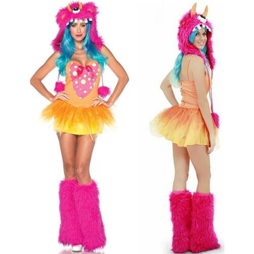 Women Fashion Halloween Monster Costumes Cosplay Shaggy Colorful Cute Women Girls Faux Fur Pom Pom Ties Costume Show Mini Dress