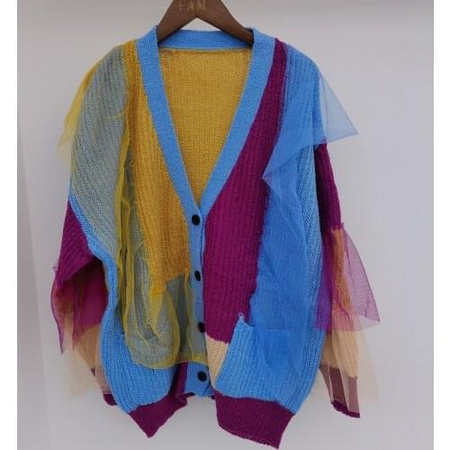 2021 Autumn Women New Loose Single Breasted Versatile Long Sleeve Panelled Patchwork Top Knitted Cardigan Sweater