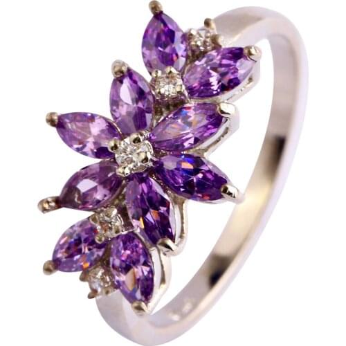 Fashion Crystal Flower Rings For Women AAA Purple/Red Silver Colorls Plated Wedding Finger Ring Fine Jewelry Bague Accessories