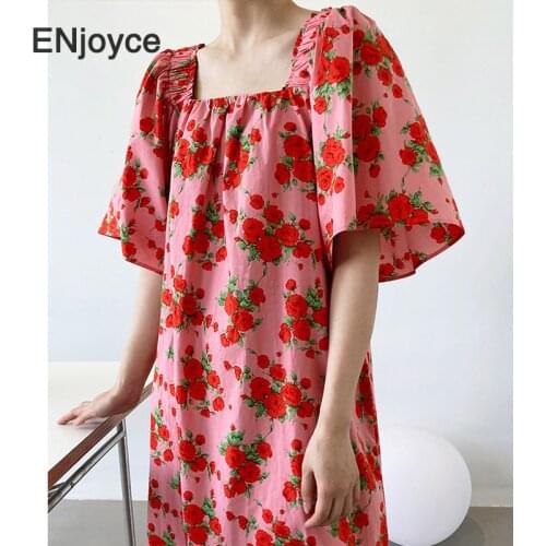 Summer Vintage Rose Printed Square Collar Maxi Dress Women Boho Floral Casual Loose Short Sleeve Beach Holiday Party Long Dress