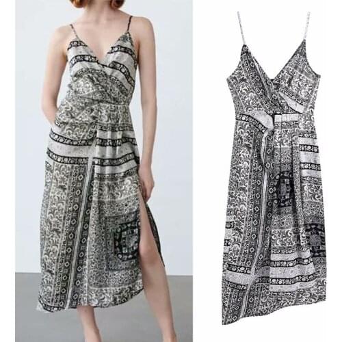 KUMSVAG Women Summer Vintage Print Strap Dress 2021 ZA Asymmetry Split fork Female Elegant Fashion Street Dresses Vestidos