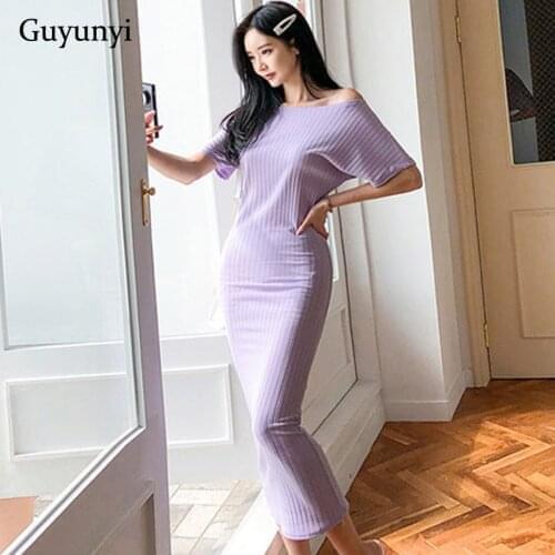 Plain High Street Dress 2021 Summer knitted Slash Neck Off The Shoulder Batwing Sleeve High Waist Tight Pencil Dress Women