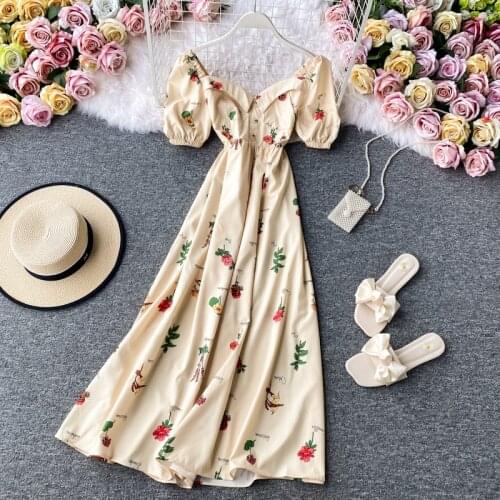 Women Floral Print A-line Vintage Dress Summer Short Sleeve V-neck Beige White Purple Dress Casual High Waist Ladies Dresses