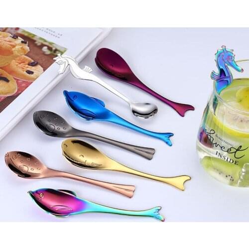 304 Stainless Steel Mirage Tableware fish, seahorse spoon, dolphin, whale, puffer Mixing Spoon Coffee cup Hanging spoon SN2007