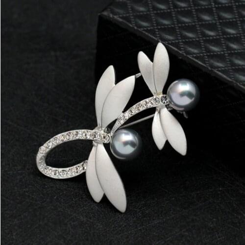 Dragonfly Simulated-pearl Rhinestone Brooch Wedding Dress Lapel Matte Silver Brooches for Women Wedding Jewelry