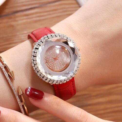 Relojes Lujo Watch Women Shiny Crystal Dial Womens Quartz Watches Red Leather 2020 Lady Watches Female Clock Zegarek Damski
