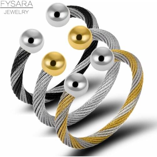FYSARA Gold Round Charm Bracelets Twist Line Stainless Steel Ball Wire Cuff Bracelets & Bangles For Men Heavy Jewelry