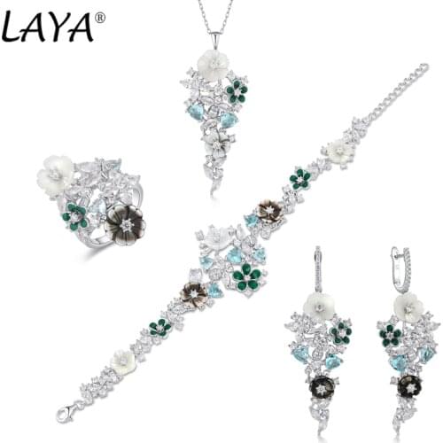Laya 925 Sterling Silver High Quality Zircon Natural Shell Flower Drop Earrings Ring Necklace Bracelet Sets For Women Jewelry