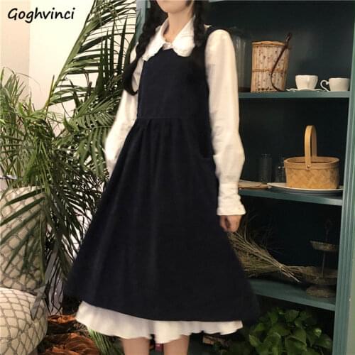 Women Sets Cute Japanese Style Peter Pan Collar Loose Ruched Shirts High Waist Solid Dresses Girls Sweet Teens Leisure Ulzzang