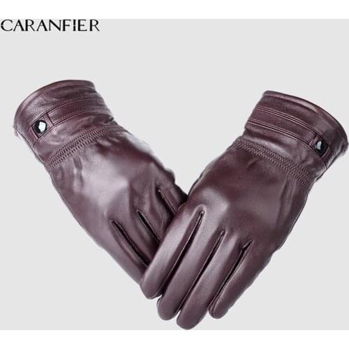 CARANFIER Mens Genuine Leather Gloves Winter Thermal Thickening Warm Sheepskin Velvet Outdoor Glove Fashion Driving Men Gloves