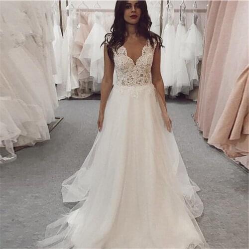 MYYBLE V Neck 2021 Wedding Dresses Lace Appliques Tulle Wedding Gowns Vestido de Noiva Longo Custom Made Sweep Train Ball Dress