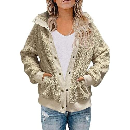 Autumn Winter 2021 Womens Wool Coat Coat Womens Warm Soft Button Fur Jacket Womens Plush Coat Pocket Casual Teddy Coat