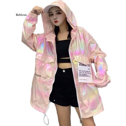 Autumn Hooded Bomber Jacket Women Loose Silver Summer Thin Jacket Women Fluorescence Hip Hop Plus Size Sunscreen Coat