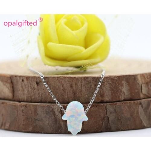 1pc/lot)New Arrived op17 white Opal Hamsa Necklace S925 gold O Chain 8x10mm Synthetic Opal Hamsa Fatima Hand Necklace for gift