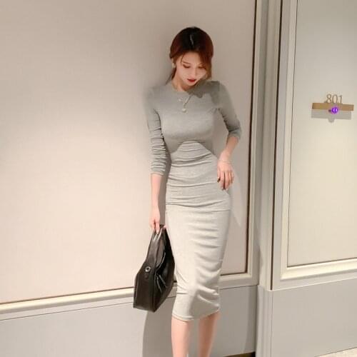 Good Elastic Winter Autumn Basic Dress for Women Long Sleeve Sheath Wrap Dresses Ladies Gray Women Dress Elegant Vestido De