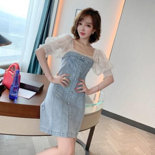 Awarose Women Denim Dress Female Summer Square Collar Stitching Embroidered Lace Puff Sleeves Clothing Sexy Mini Sundress Dress
