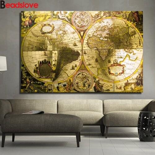 Full square round Stones Diamond Painting Retro Golden World Map Diamond Embroidery Mosaic beads Cross Stitch kits wall sticker