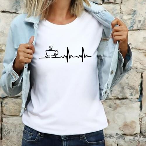 Casual Tshirt Coffee Electrocardiogram Graphics Tshirts O-neck Short Sleeve Lady T-shirt Simple T Shirt Female Fashion Tee