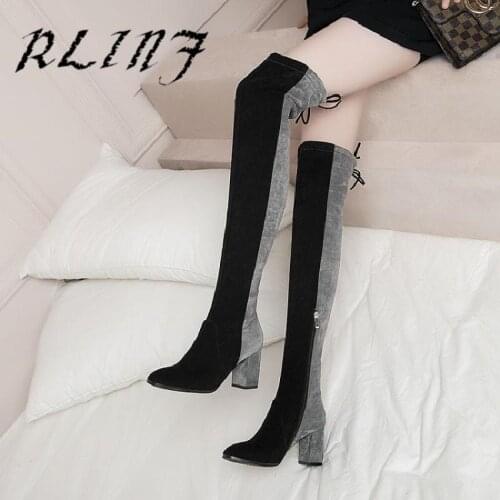 RLINF Color Matching Stitching Stretch Skinny Nightclub Sexy Over The Knee Thick with Large Size Boots