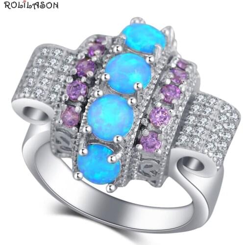 ROLILASON Luxury Sparkling Flower Style Blue Fire Opal silver Zircon Fashion Jewelry Ring USA Sz #5#6#7#8#9#10 OR896