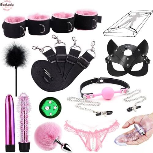 SexLady Erotic Toy Handcuffs For Sex Gag Tail Plug Women BDSM Bondage Set Under Bed Slave Sex Toys For Couple Nipple Clamps Toys