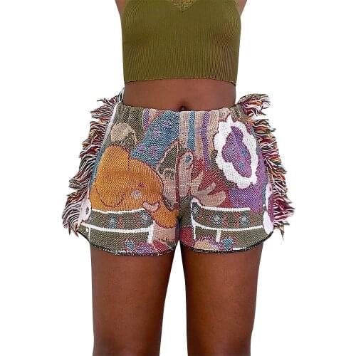 Fashion Streetwear Colorful Pattern Print Tassel Shorts Women Summer Casual Vintage Slim High Waist Short Sports Outdoor Shorts