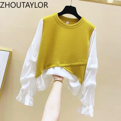 ZHOUTAYLOR Sweatshirt Women Sweet Office Lady Full Puff Sleeve O-Neck Pullovers Femme Loose Autumn New 2021 Tops Female S0707