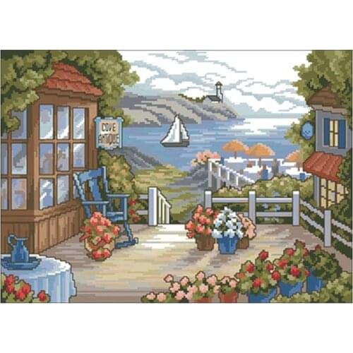 Terrace with blooming flowers by the bay Counted Cross Stitch 11CT 14CT 18CT DIY Cross Stitch Kits Embroidery Needlework Sets