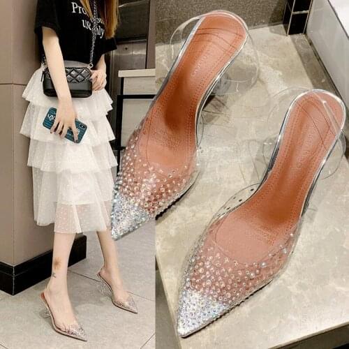 2021 New Gold Silver PVC Transparent Diamond Pumps Sandals Perspex Heel Pointed Toe Crystal Silver Wedding Pumps