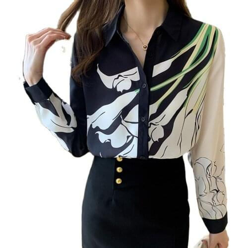 Women Spring Autumn New Turn-down Collar Long-Sleeve flower Print Blouse Female Casual Chiffon Shirts Tops