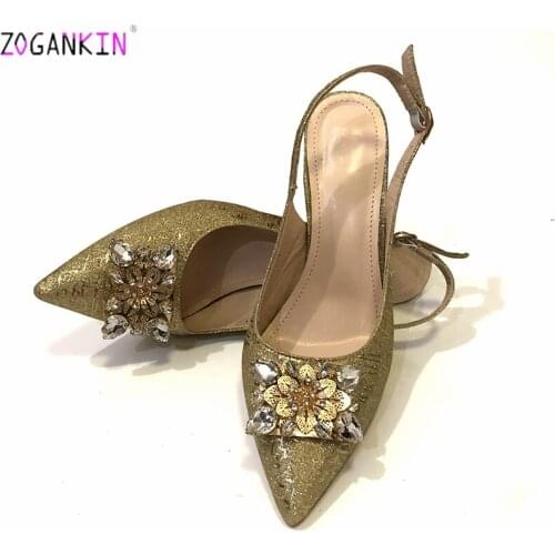 Gold Women Sandals Elegant Nigerian Women Pumps Shoe for Party High Quality African Pointed Toe Shoes Decorated with Stones