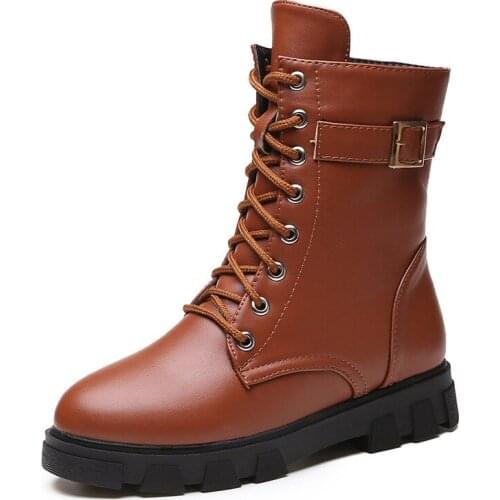 2018 Autumn And Winter New Pattern Boots Woman Chalaza Low With Coarse With Belt Round Buckle Head Waterproof Platform Woman