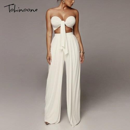 Tobinoone solid lace up top and trousers two piece set women sexy crop top and loose pats sets backless sleeveless outfits