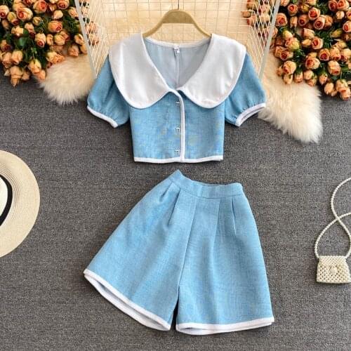 Korean Temperament Sweet Peter Pan Collar Bow Single Breasted Short Wild Shirt High Waist Wide Leg Shorts Two Piece Set Women