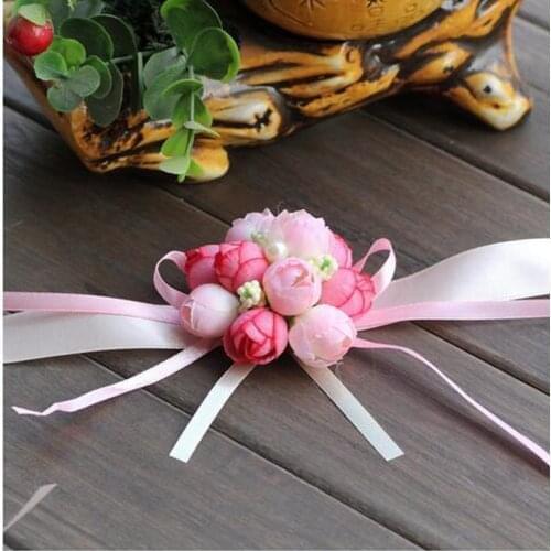 10Pcs Pink Wrist Flower Rose Silk Ribbon Bride Corsage Hand Decorative Wristband Bracelet Bridesmaid Curtain Band Clip Bouquet